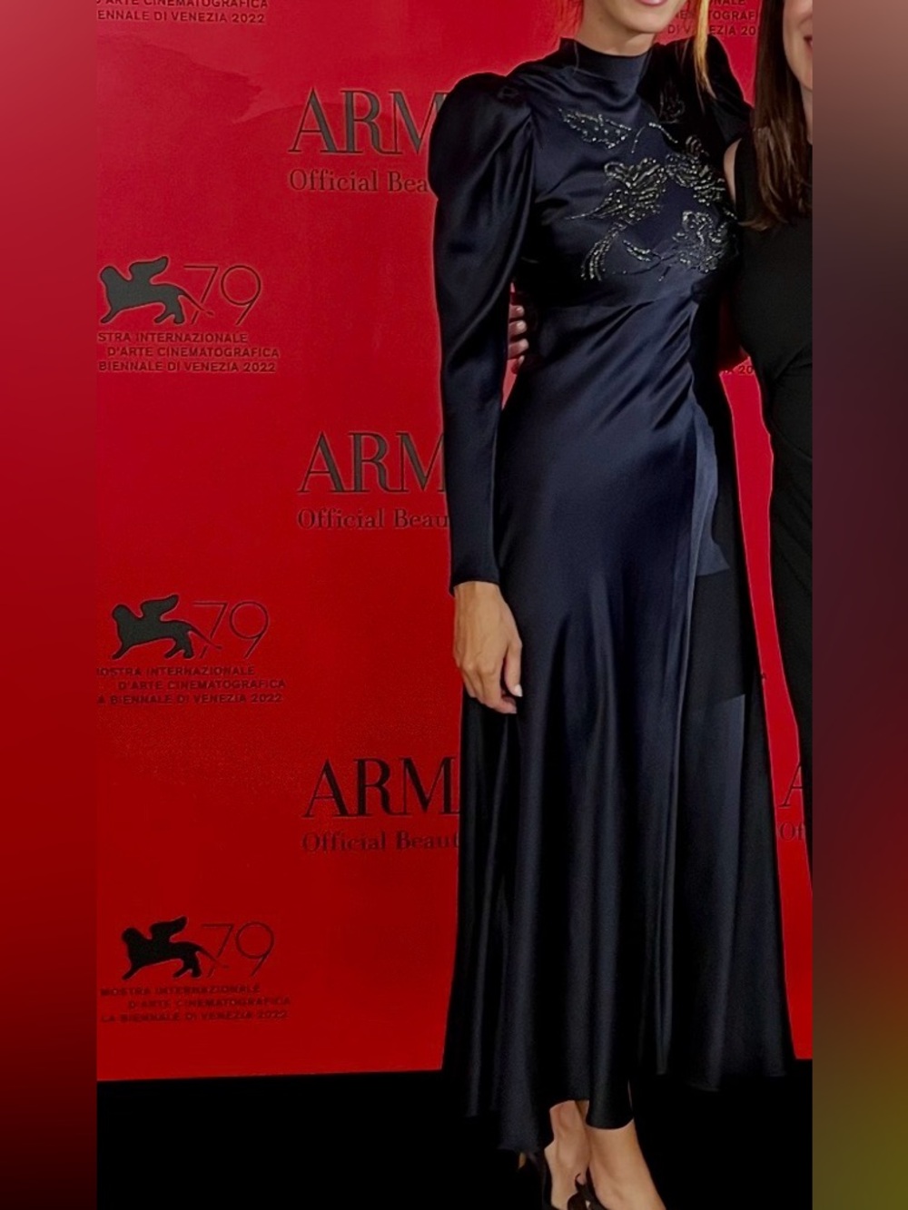 VINTAGE SILK Navy Long Sleeve Maxi Dress with Embellished Bodice. Paid 1k